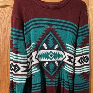 Oversized Aztec Printed Sweater (Burgundy/Teal/White)